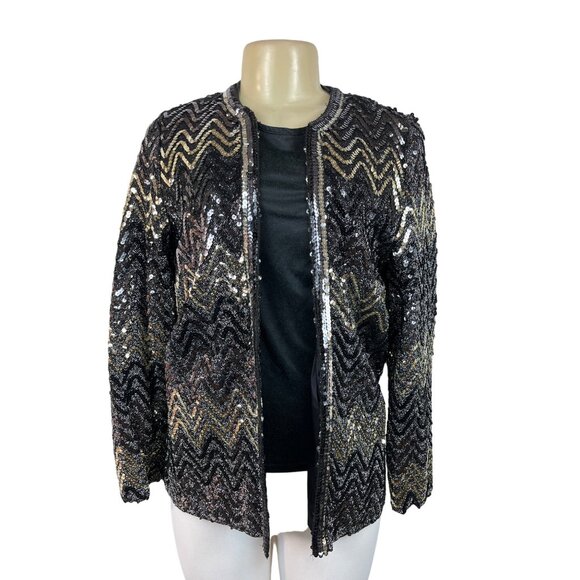 Vintage Montgomery Ward Sequin Chevron Pattern Jacket Black & Gold Zigzag Design - Picture 1 of 6